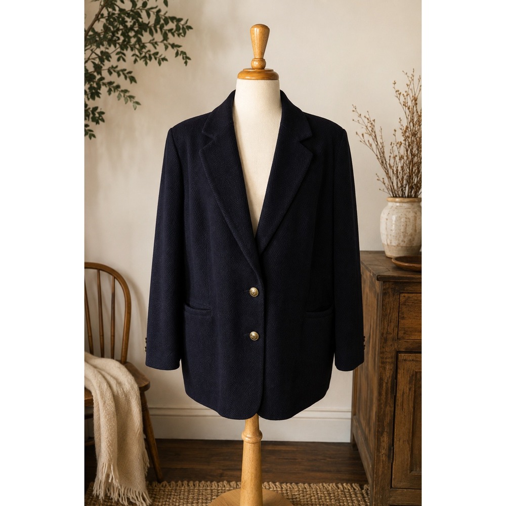 Vintage 90s Wool Cashmere Blazer Women's 18 Oversized Made in Canada Navy